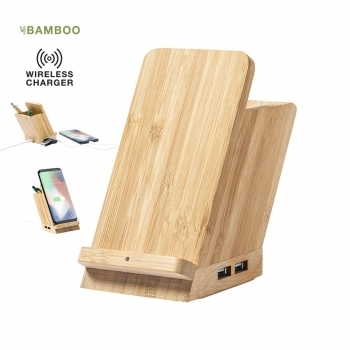 Chargeur à induction support téléphone 5 W en bambou et porte-crayons